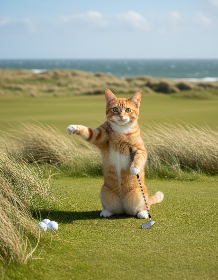 A ginger cat on a golf course points to the left where all her golf balls landed.
