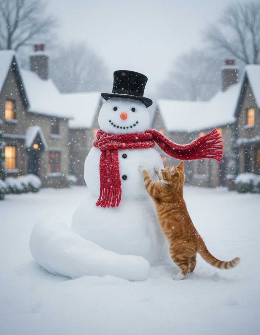 A ginger tabby cat puts a top hat on a large snowman in a snowy village.