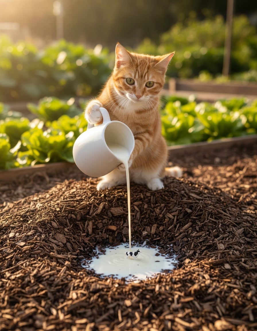 A ginger cat pours milk from a white jug onto a pile of garden mulch beside a tiny toy cow.
