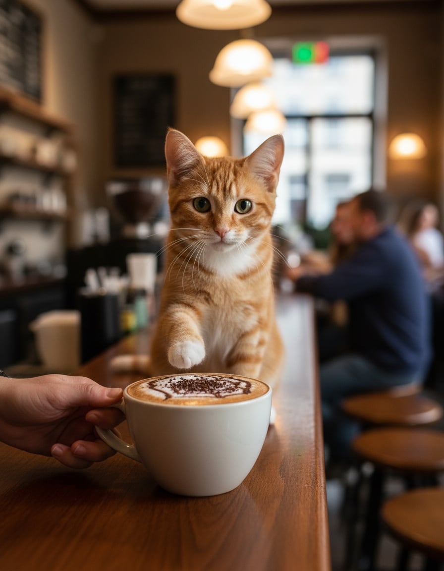 A ginger cat on a café counter points politely at a frothy mocha being offered by a barista's hand.