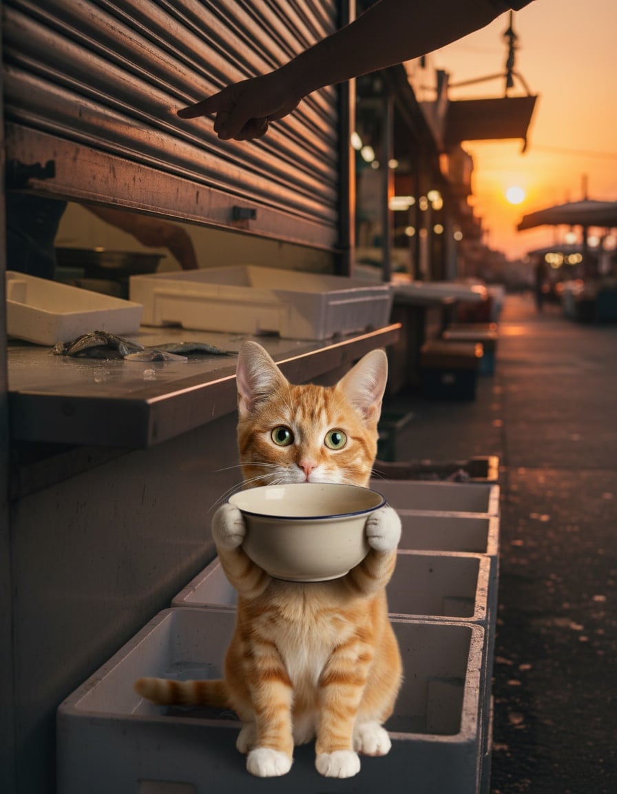 A ginger tabby cat holds up an empty bowl at a closing fish stall as the sun sets.