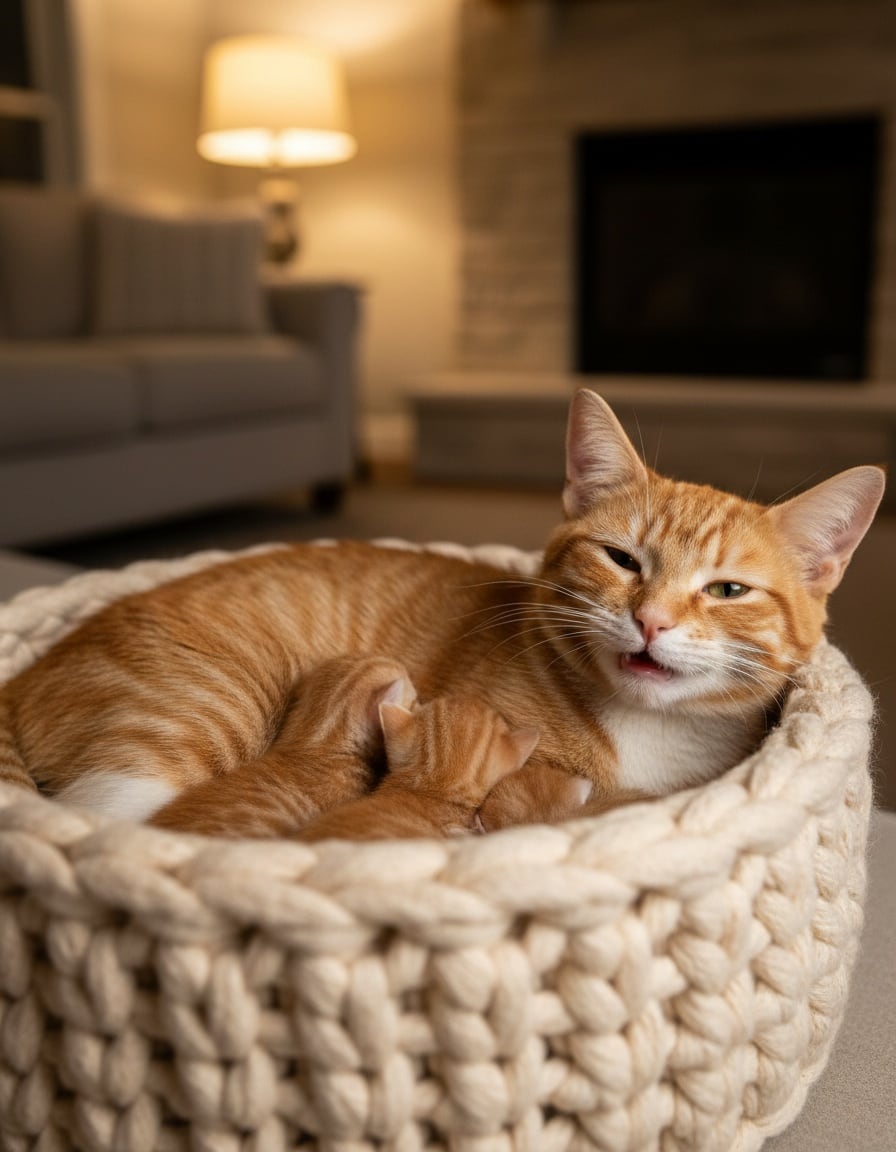A ginger tabby mother cat lies in a basket with three kittens, softly murmuring to them.