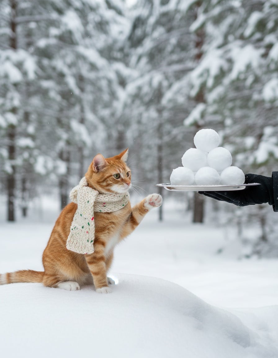 A ginger tabby cat in the snow turns away from a tray of nine snowballs.