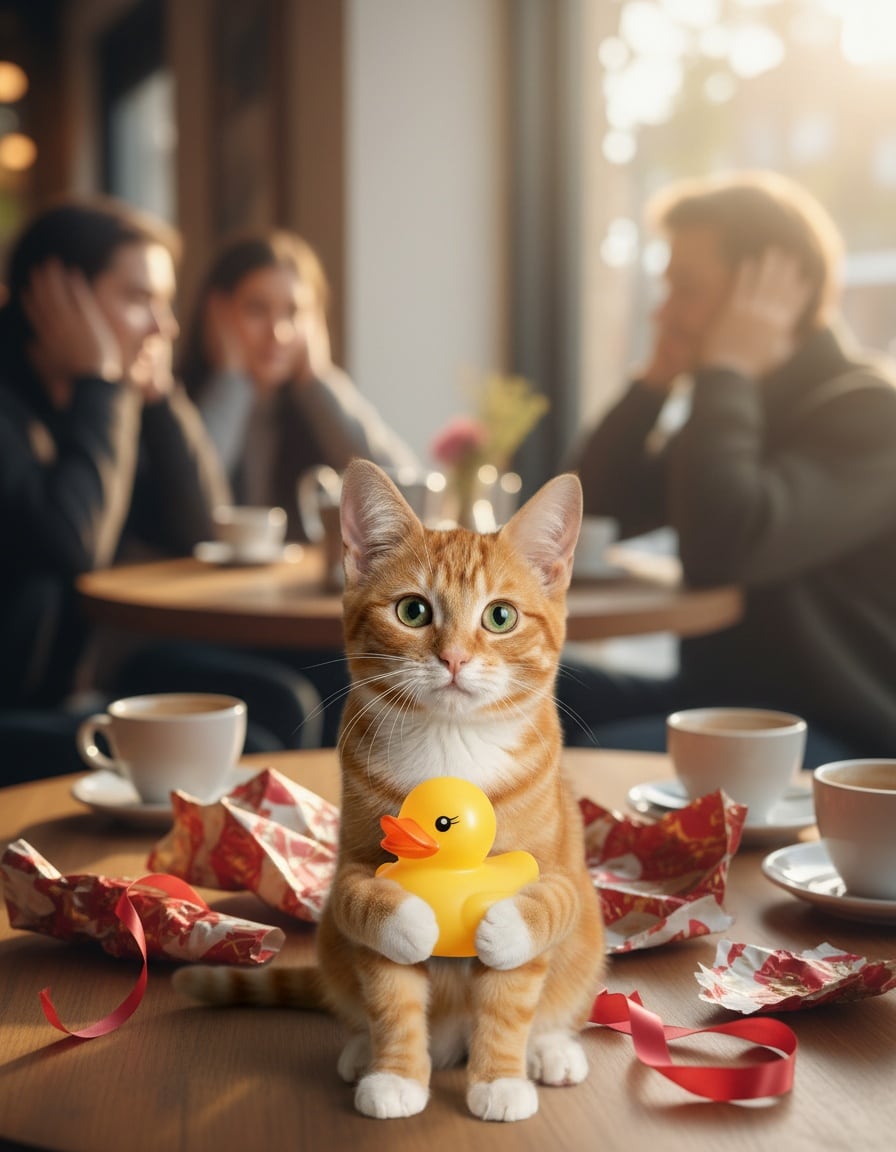 A ginger cat on a café table squeezes a brand-new squeaky toy while blurred guests cover their ears.