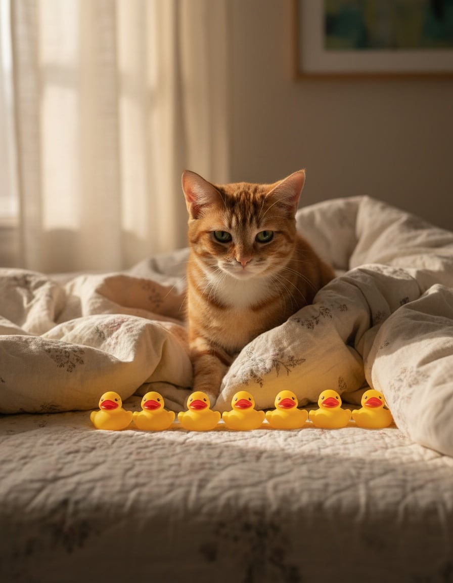 A grumpy ginger cat in bed stares at a row of nine yellow rubber ducks on the quilt.