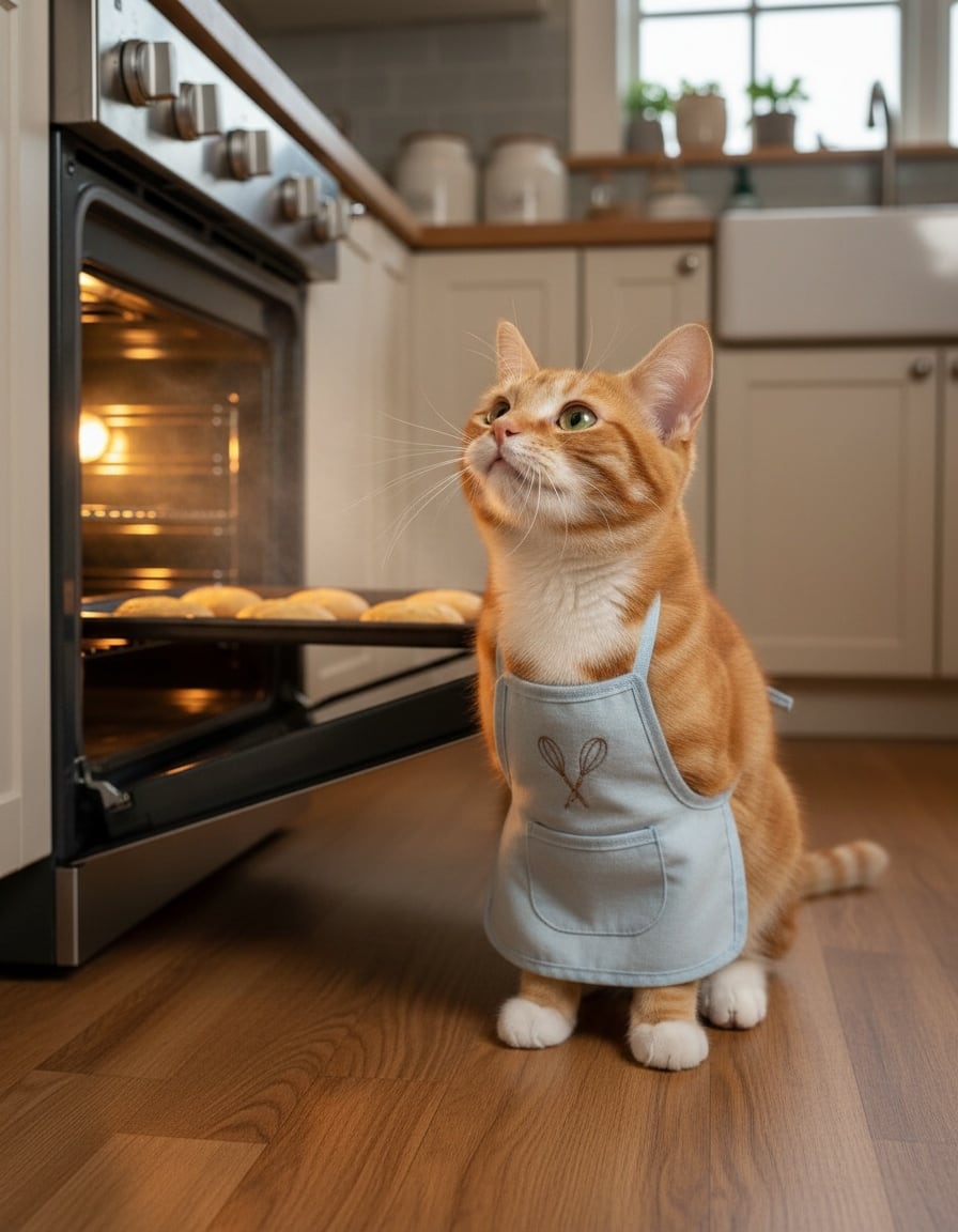 A ginger cat in an apron sniffs cookies in a wide-open oven.