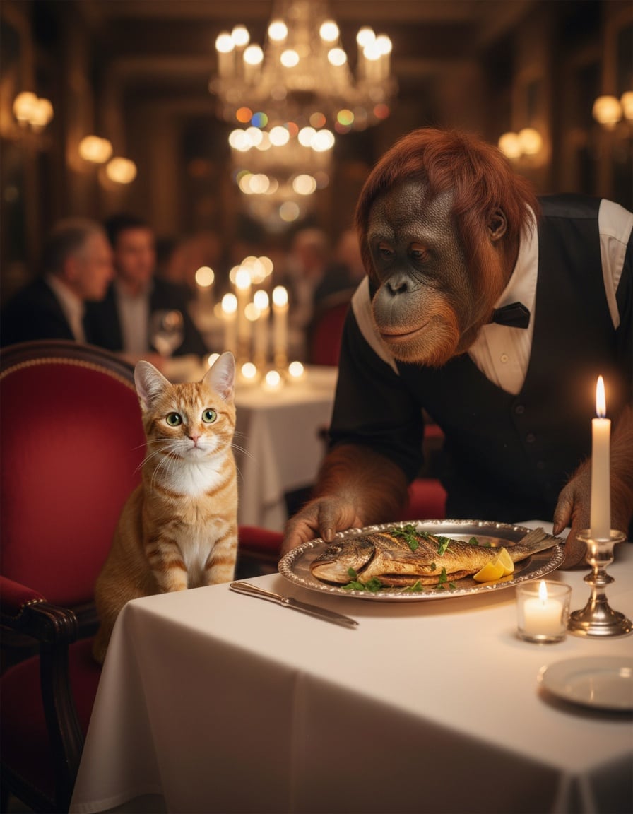 A ginger cat at a fancy restaurant table is served a fish by an orangutan waiter in a bow tie.