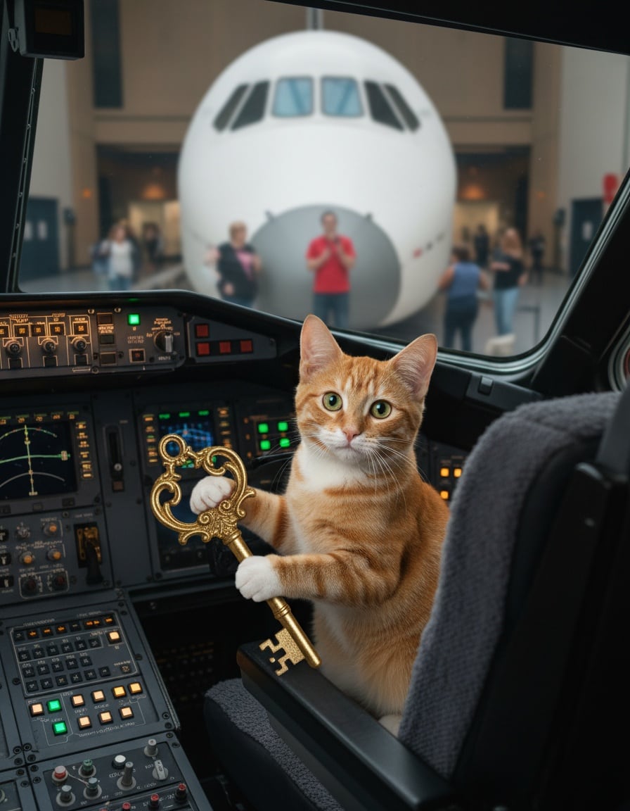 A ginger cat in a space shuttle cockpit turns a giant golden key to start it.