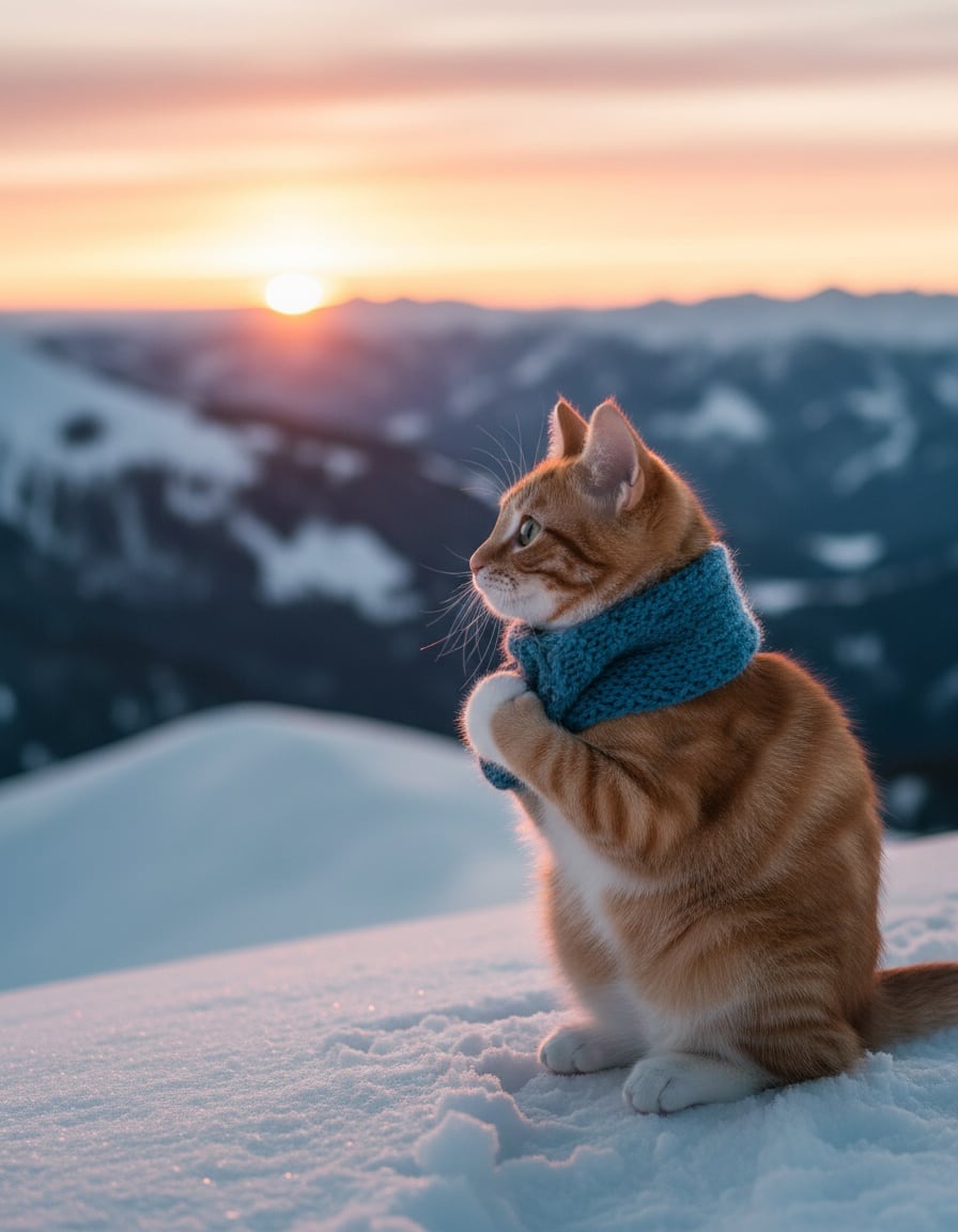 A ginger cat in a scarf admires a beautiful sunrise from a snowy mountain top.