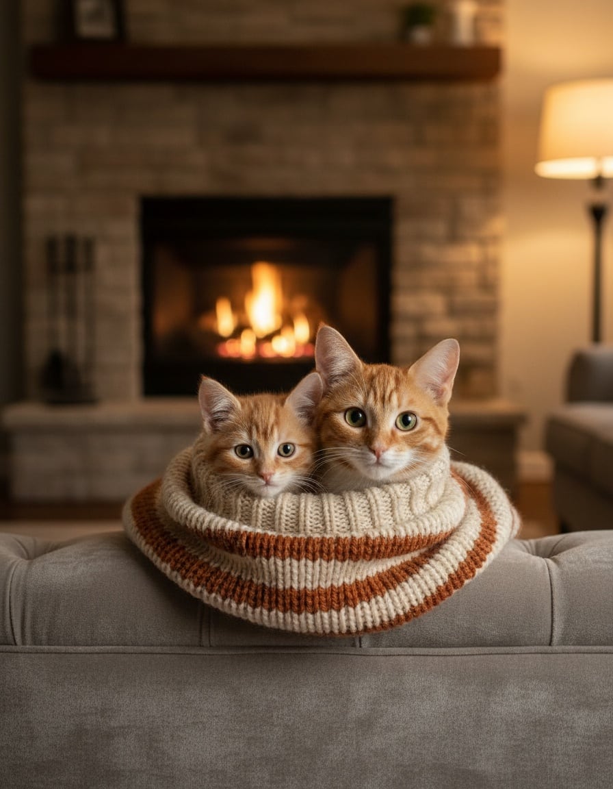 Pixa and a smaller ginger kitten wear one giant knitted sweater together on a living room sofa.