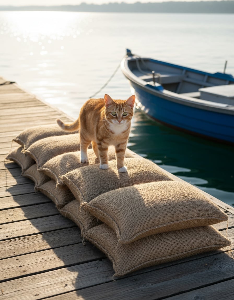A ginger tabby cat stands on a harbour dock next to a row of six burlap sacks unloaded from a boat.