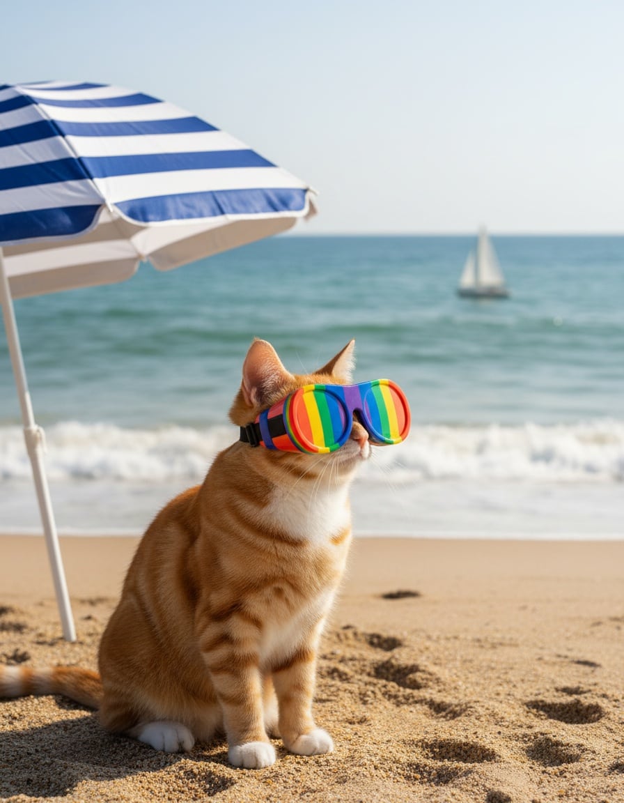 A ginger cat on a beach wears colourful binocular goggles to look at a distant sailboat.