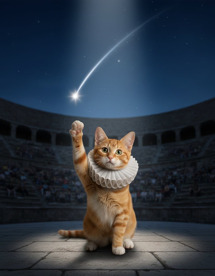 A ginger tabby cat in a ruff collar stands on an open-air stage at night looking up at a shooting star.