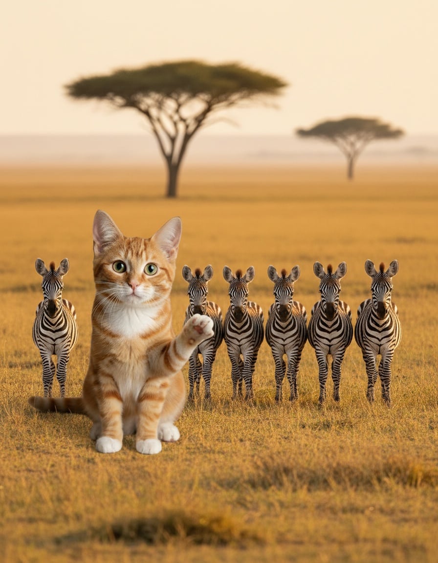 A ginger tabby cat leads a line of seven baby zebras across the savanna.