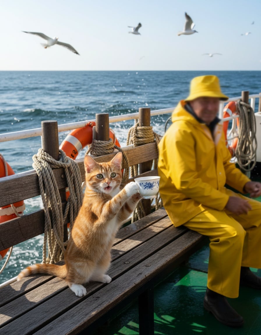 A ginger cat on a ferry deck holds up a teacup and seems to ask a fisherman a question.