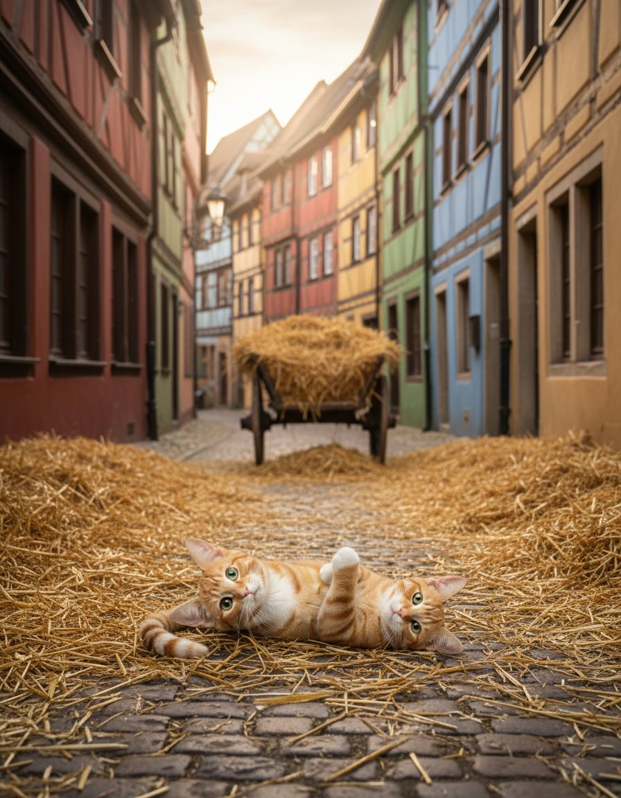 A ginger cat rolls in golden straw scattered across a cobbled old-town street.
