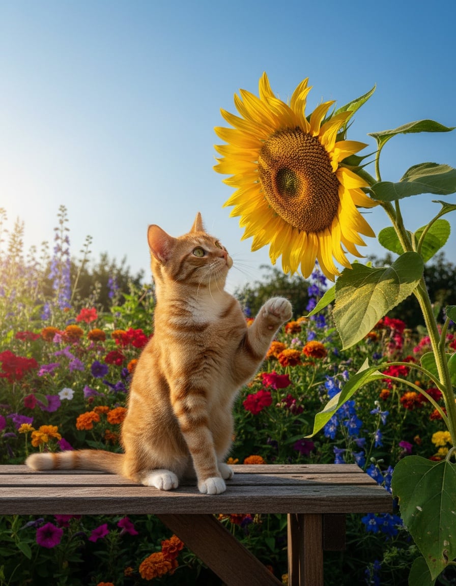 A ginger cat sits on a garden bench chatting with a tall sunflower under a bright sun.