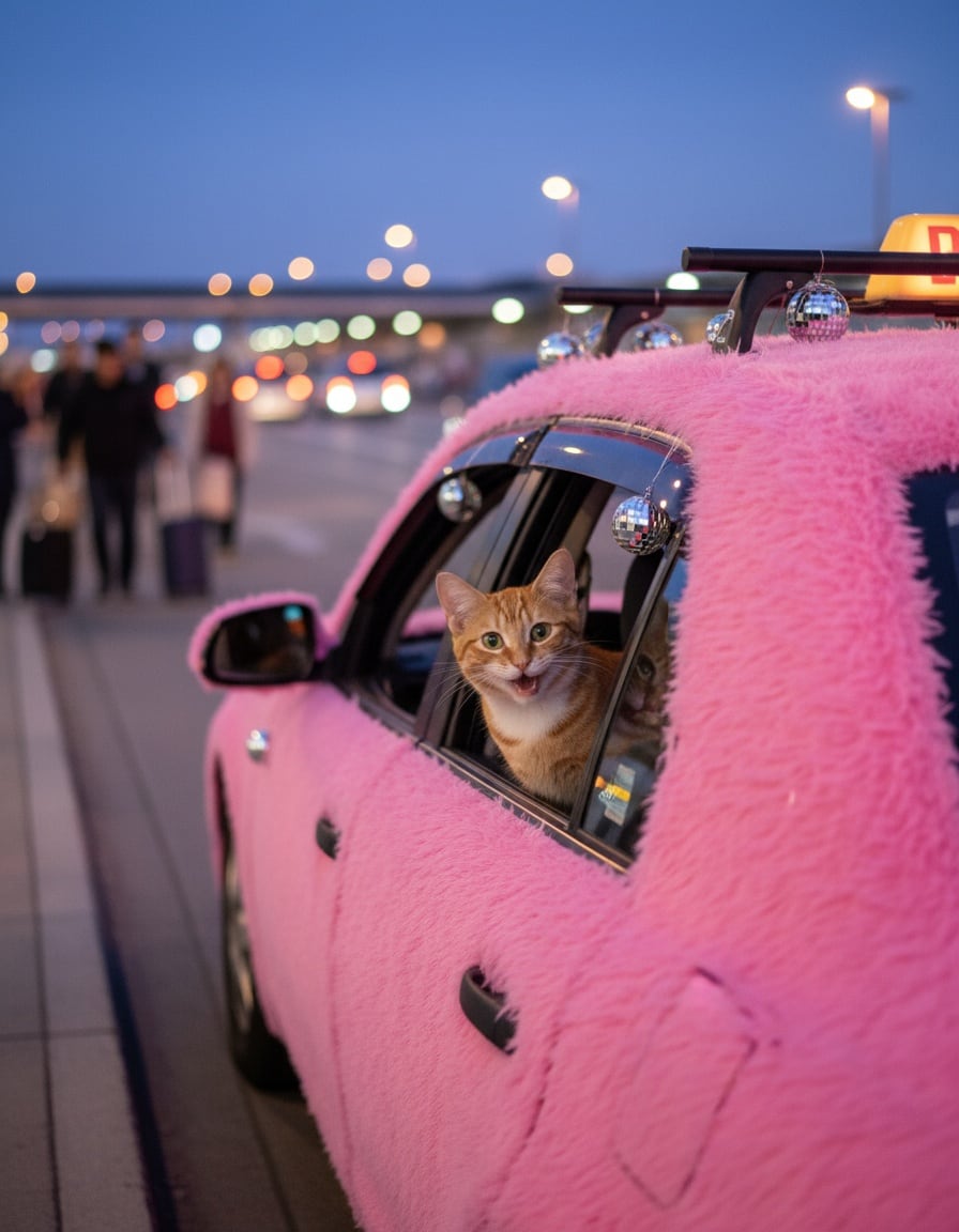 Pixa waves from a pink furry taxi decorated with disco balls at an airport curb.