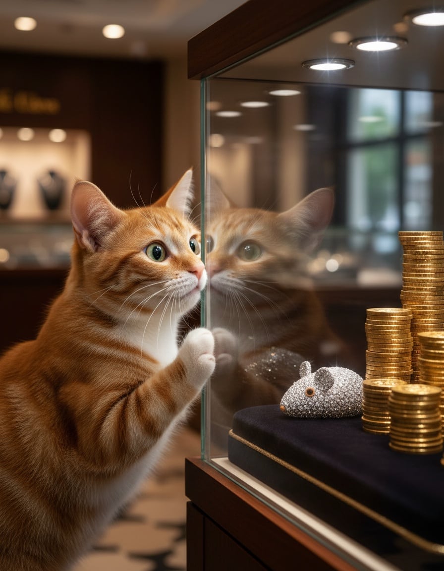 A shocked ginger tabby cat stares at a diamond toy mouse beside a tall stack of gold coins in a jewellery shop.