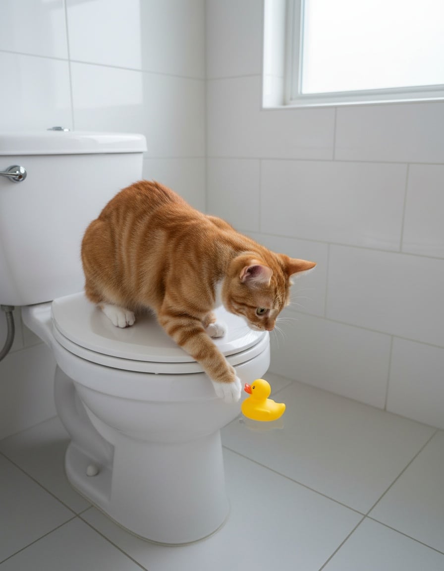 A ginger cat leans over a clean toilet trying to reach a floating yellow rubber duck.