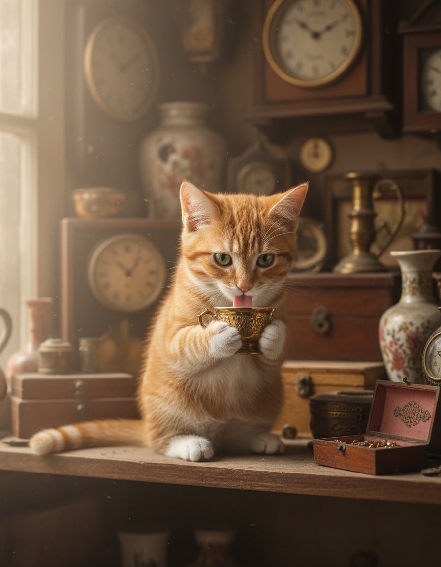 A ginger tabby cat drinks milk from a tiny golden cup on a shelf in an antique shop.