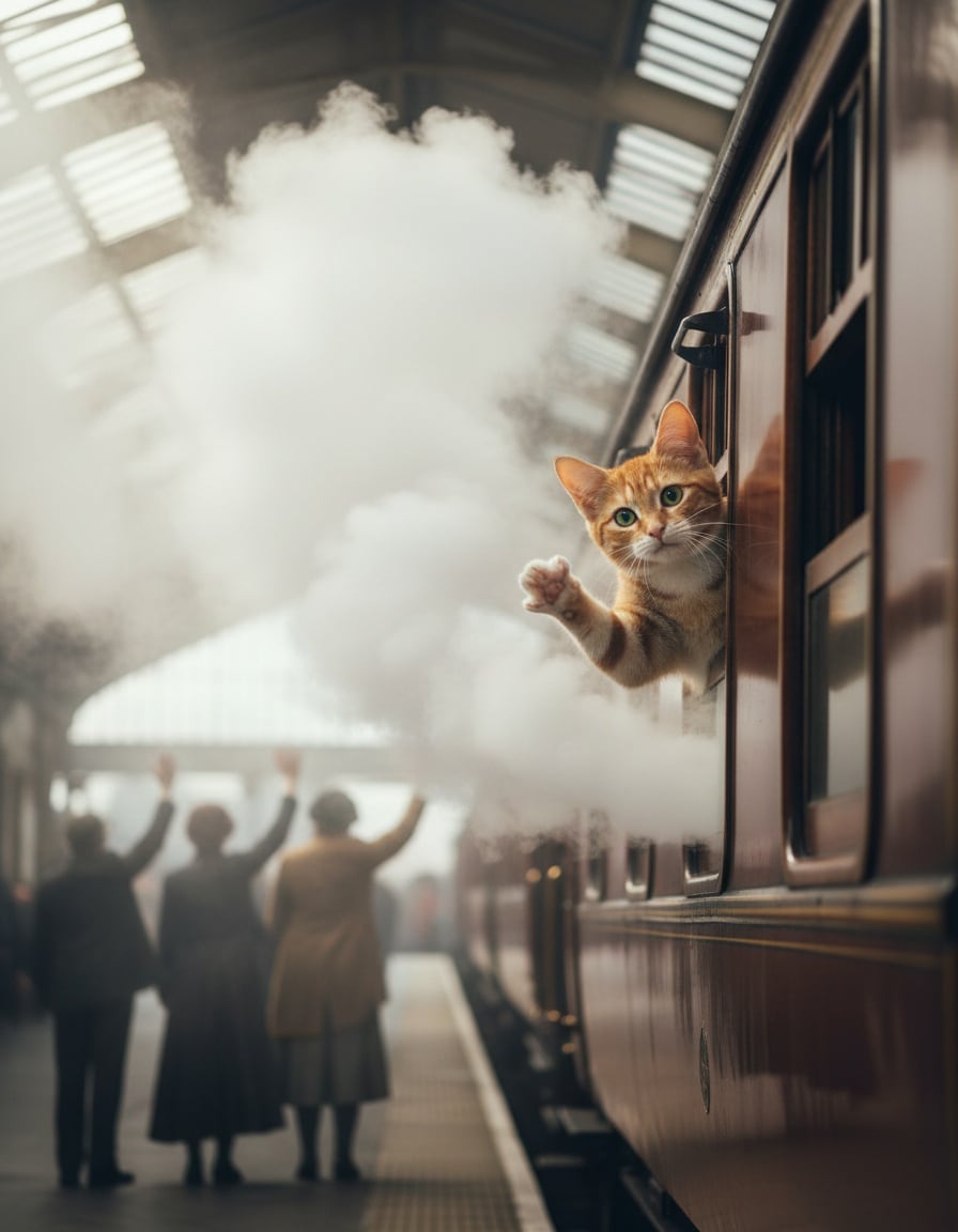 A ginger tabby cat waves from a steam train window as the train pulls out of the station.