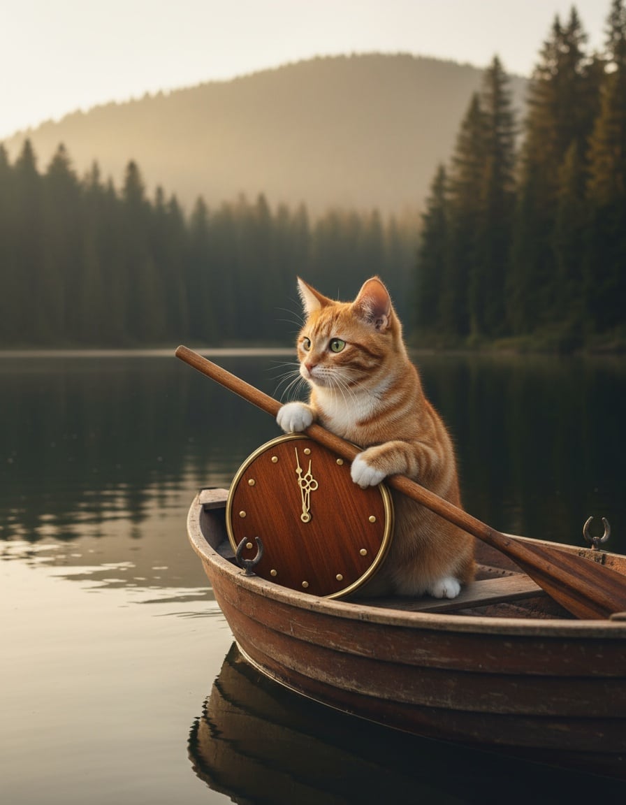 A ginger cat rows a wooden boat with an oar shaped like a big clock.