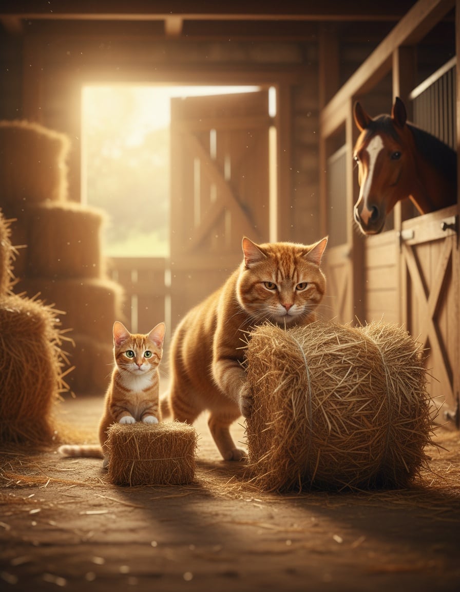 A ginger tabby cat and her big father tomcat stack hay bales in a barn while a horse watches.