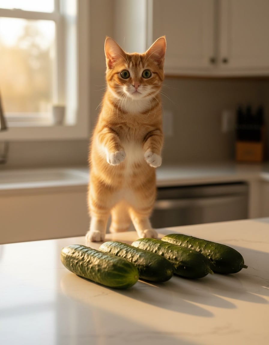 A startled ginger cat jumps in fright above a kitchen counter with four cucumbers lined up behind her.