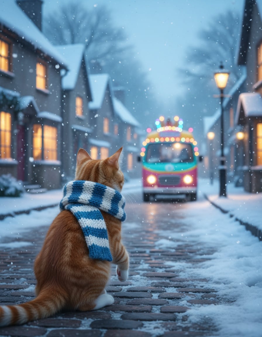 A ginger tabby cat in a scarf waits impatiently in the snow as an ice-cream van approaches in the distance.