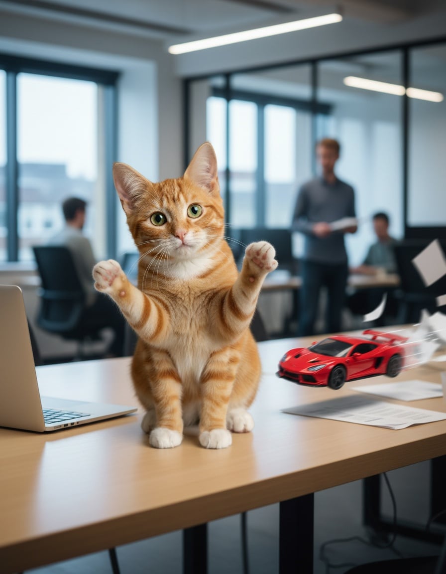 A puzzled ginger cat shrugs on an office desk as a red toy race car zooms past.