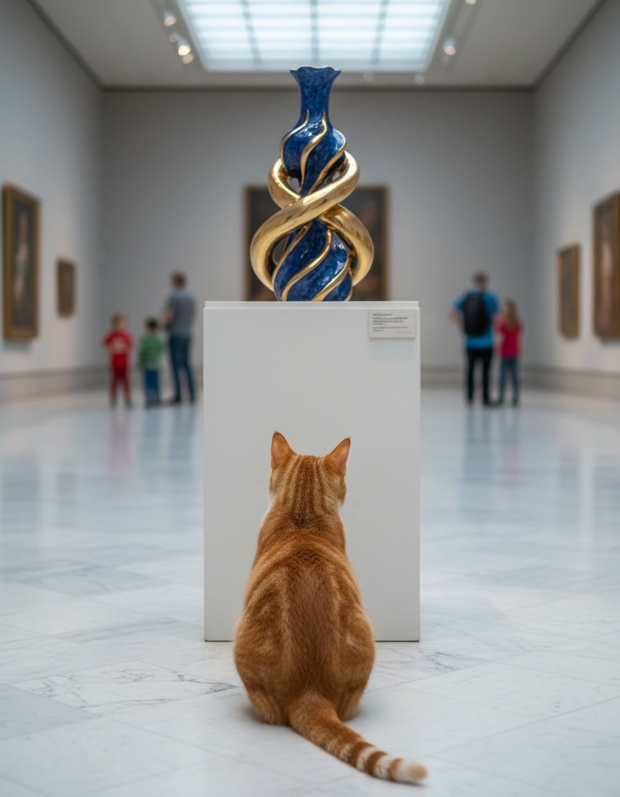 A ginger tabby cat tilts its head in confusion at a strange twisted vase in a museum.