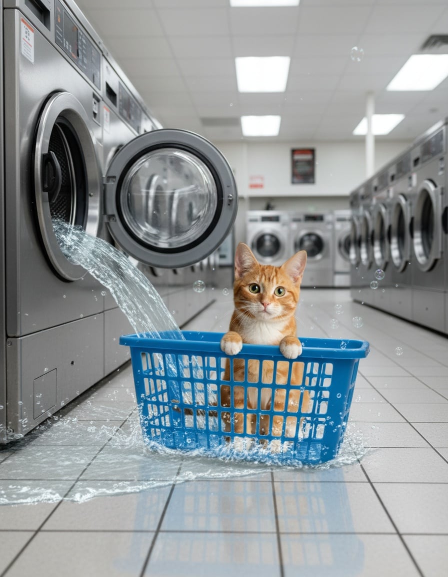 A ginger tabby cat surfs on a laundry basket across water gushing from a washing machine in a laundromat.