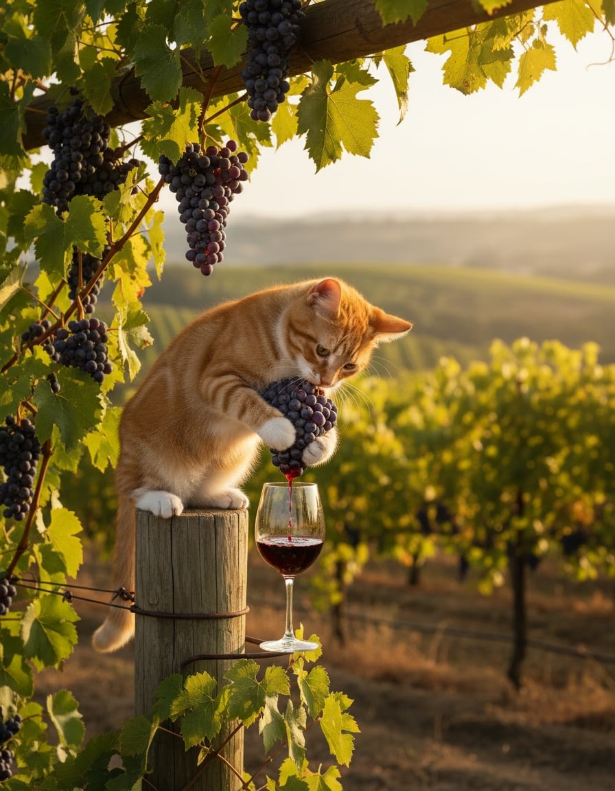 A ginger cat squeezes grapes from a vine into a glass of red wine in a sunny vineyard.