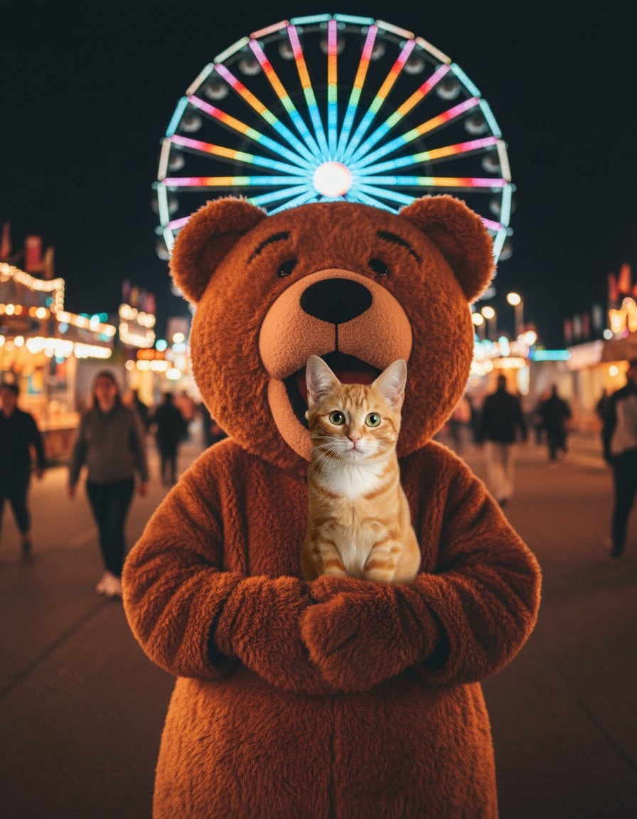 A ginger cat peeks curiously into a giant bear costume hugging her at a funfair at night.