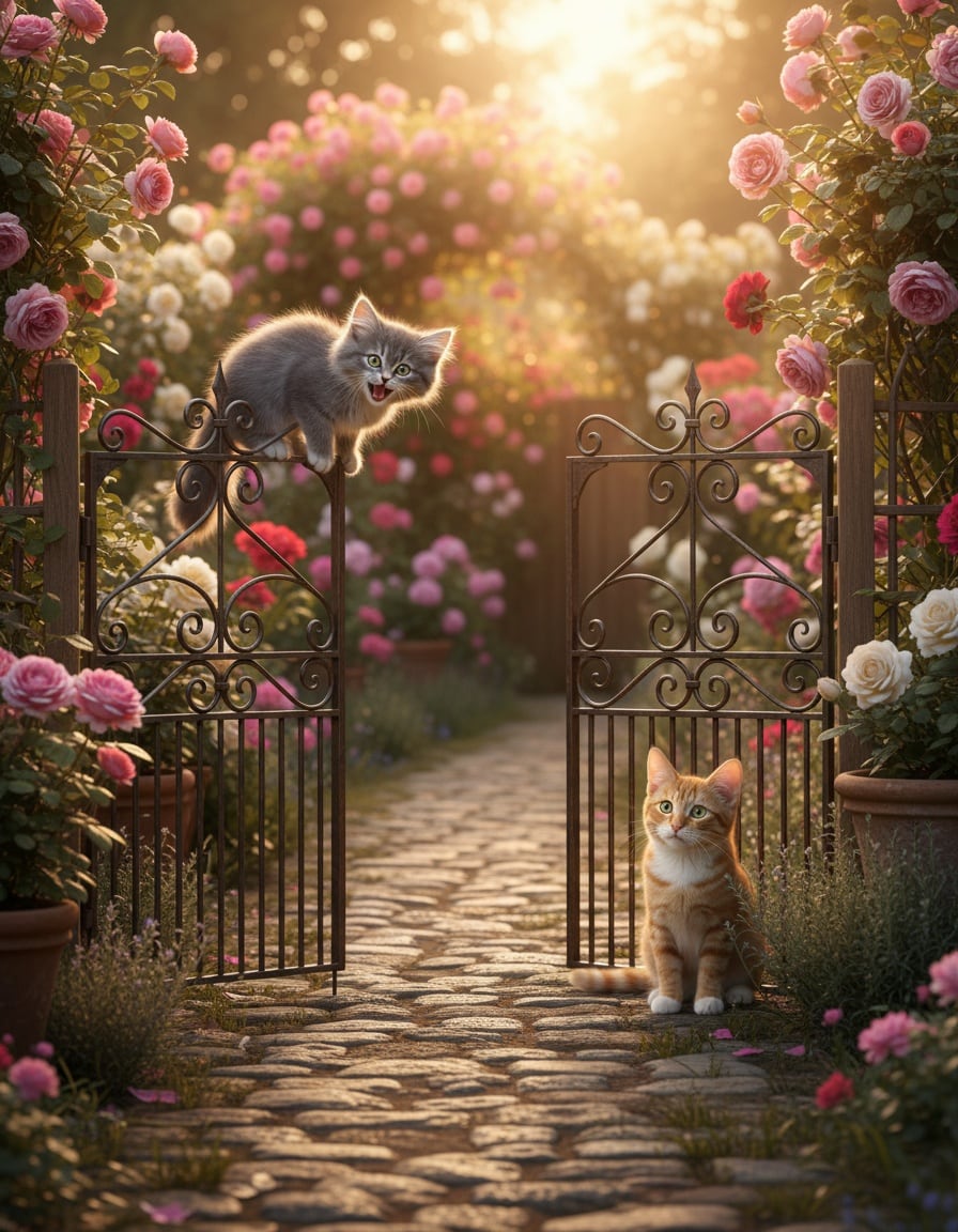 A ginger cat swings on garden gates and greets a grey cat friendly.