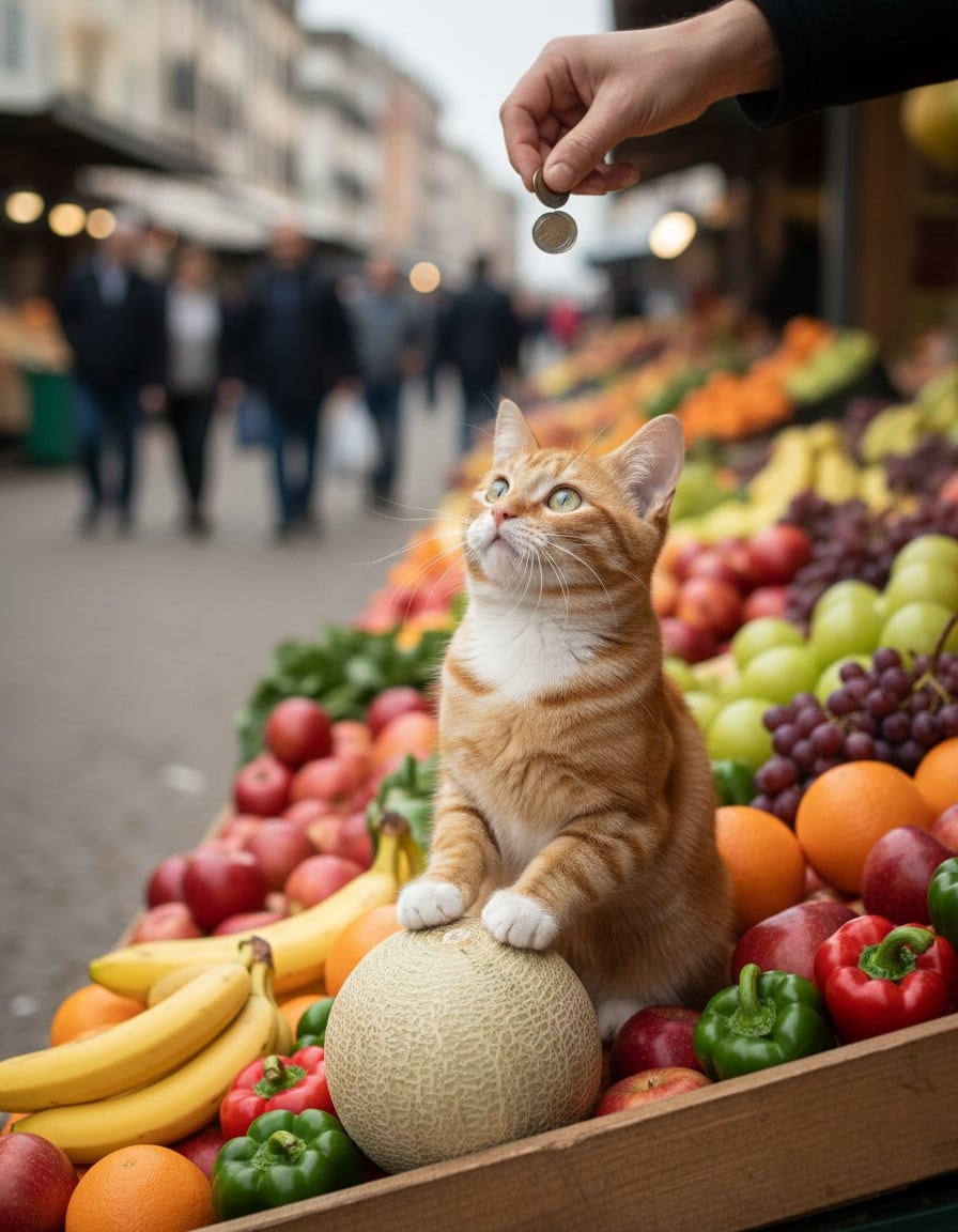 A ginger cat feels a melon at a market stall and looks questioningly at a seller's hand holding coins.