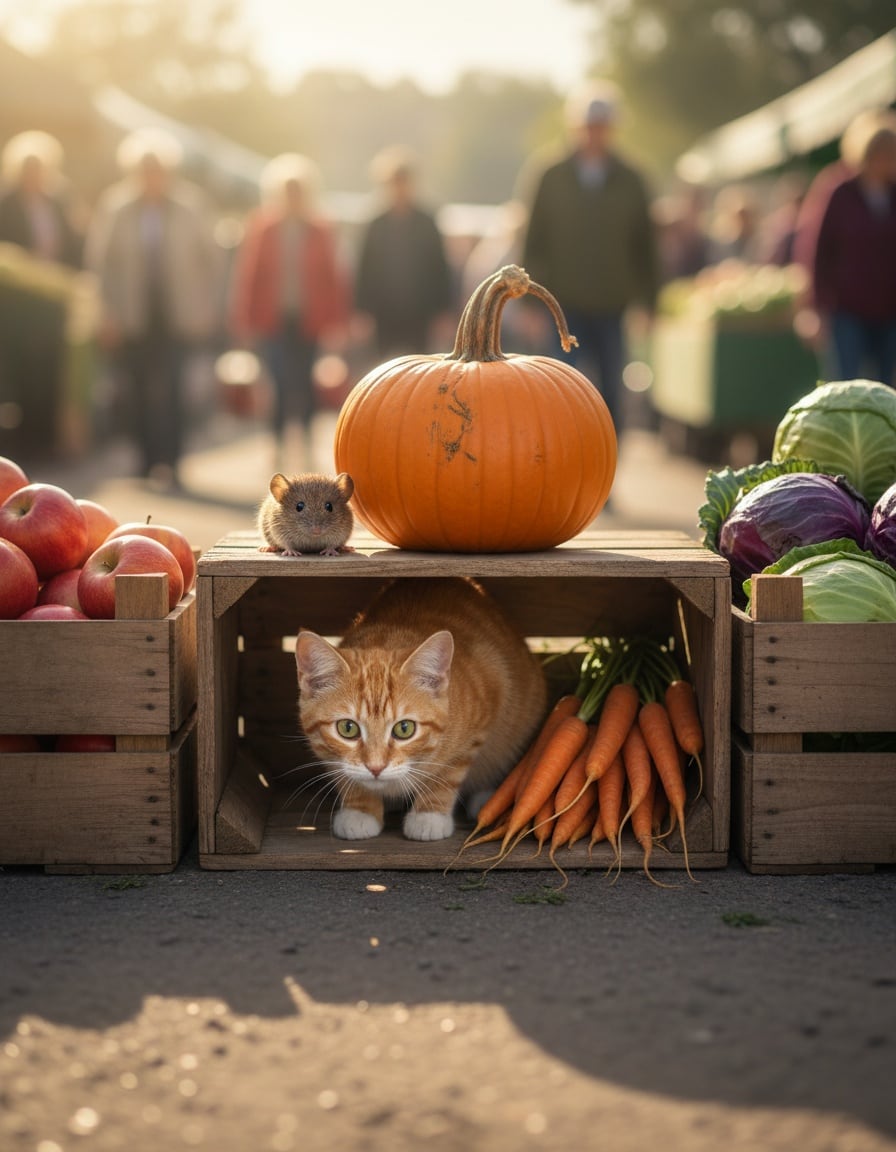 A ginger cat searches under market crates while a small vole hides behind a pumpkin nearby.