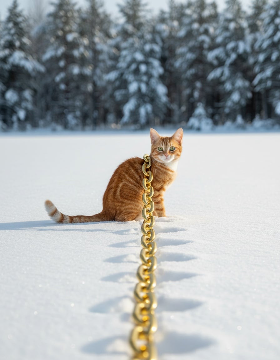 A ginger cat drags a giant golden chain of ten links across a snowy field.