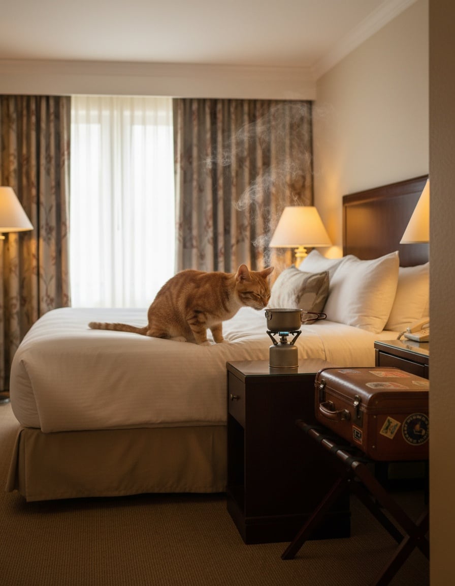 A ginger cat on a hotel bed sniffs a pot of soup simmering in the room.