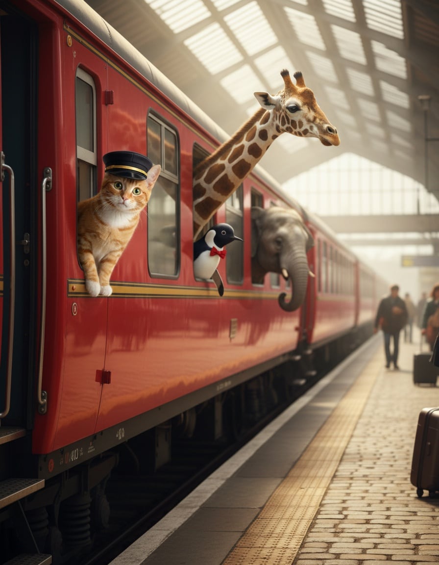 Pixa in a conductor's cap leans out of a train full of zoo animals at a station platform.
