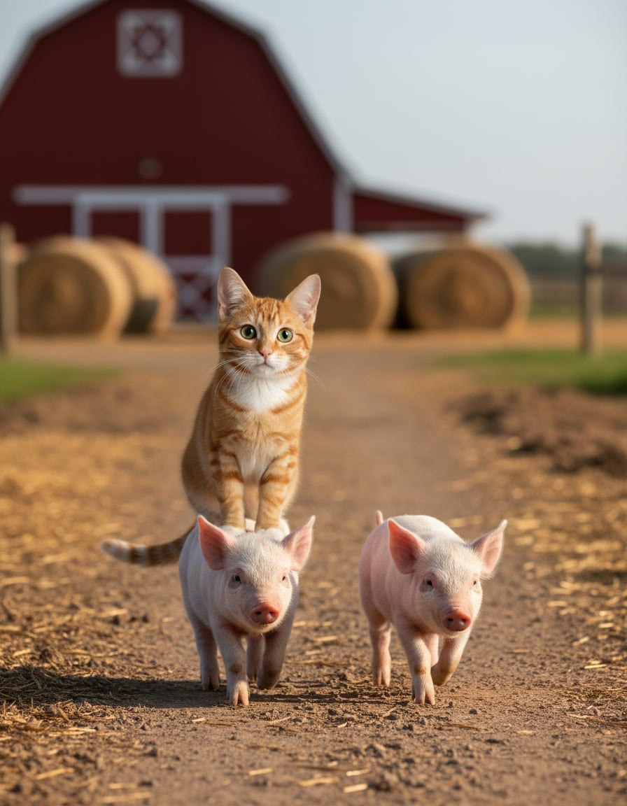 A ginger tabby cat balances on the backs of two pink piglets trotting through a farmyard.