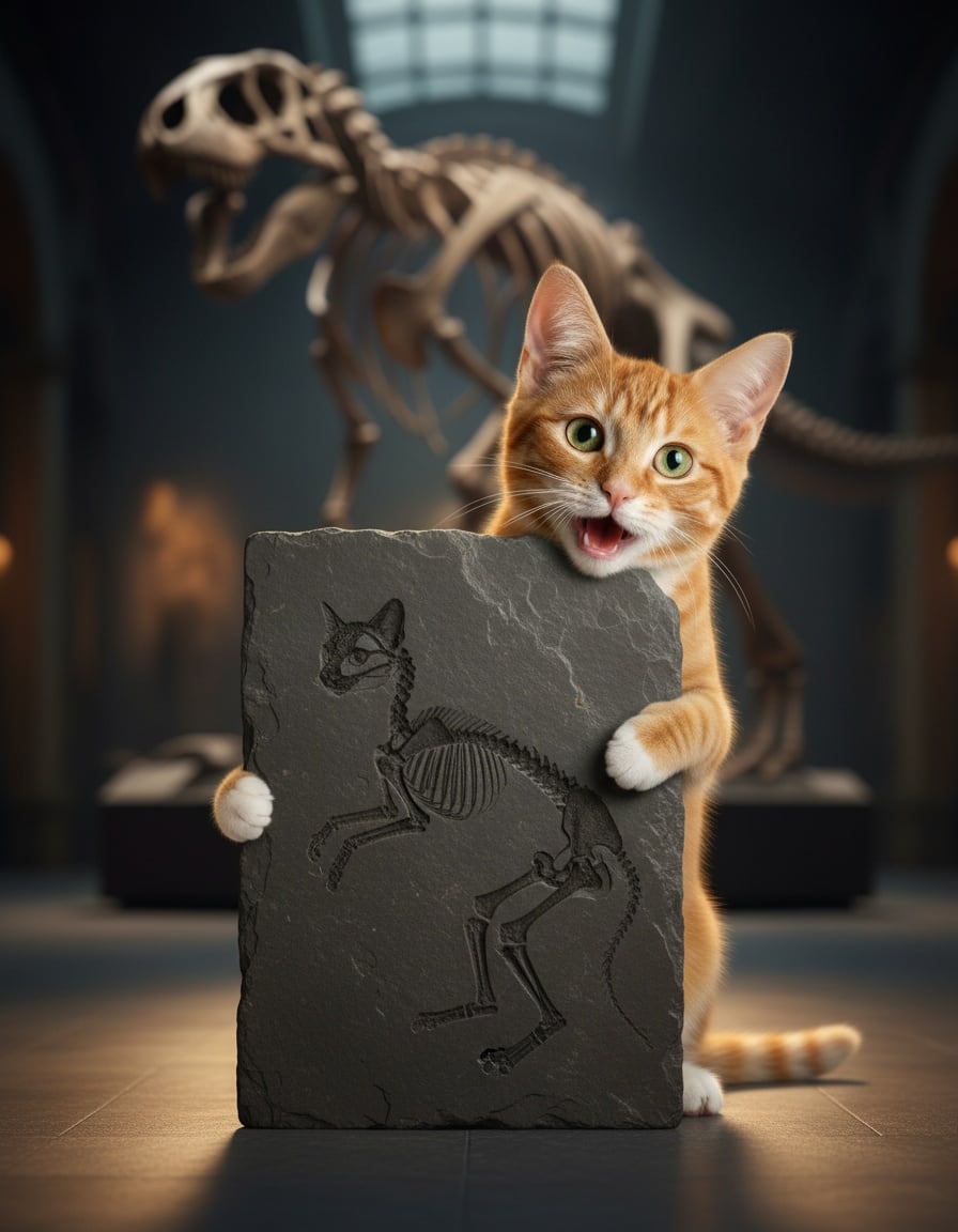 A ginger tabby cat lovingly hugs a stone fossil of a cat in a museum hall.