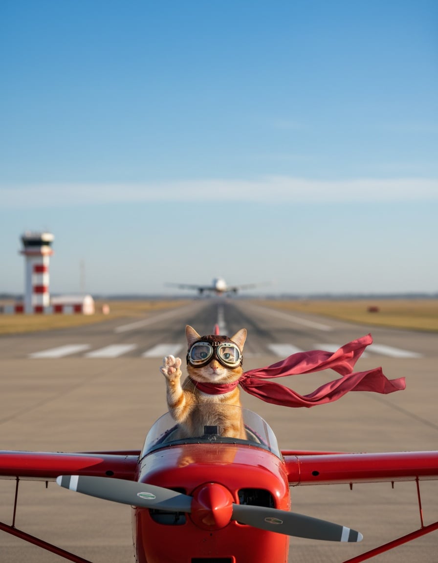 A ginger tabby cat in flying goggles waves from a small propeller plane at an airport.