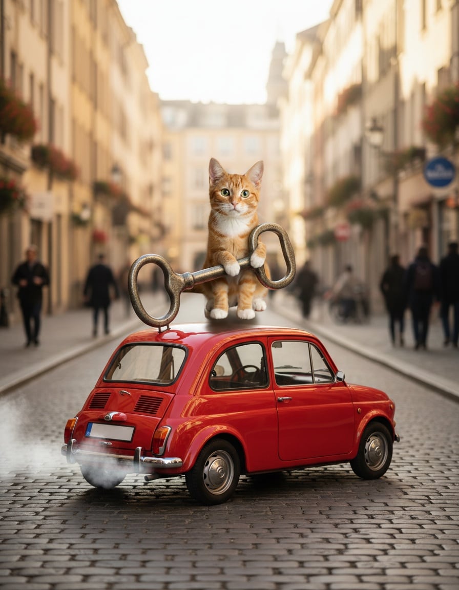 A ginger cat turns a giant key on the roof of a small red car parked on a cobbled street.