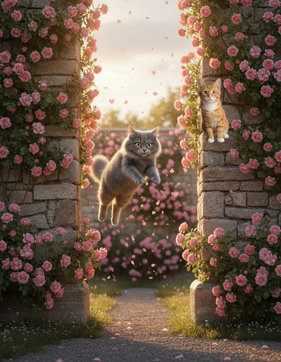 A ginger cat leaps across a gap between two rose-covered garden walls toward a grey cat, with heart-shaped petals floating around.