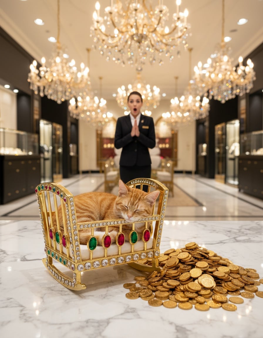 A ginger cat sleeps in a gold, jewel-covered crib in a luxury shop next to a big pile of gold coins.