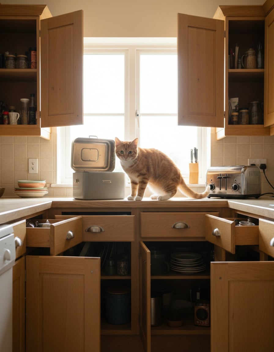 A ginger tabby cat on a kitchen counter surrounded by wide-open cupboards and a bread bin.