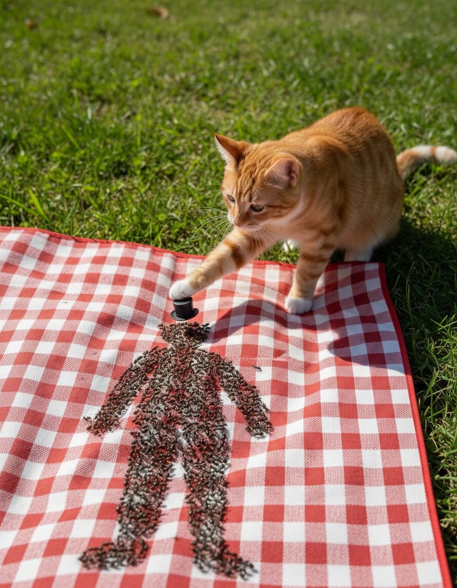 A ginger cat puts a tiny hat on the head of a man shape made of ants on a picnic blanket.