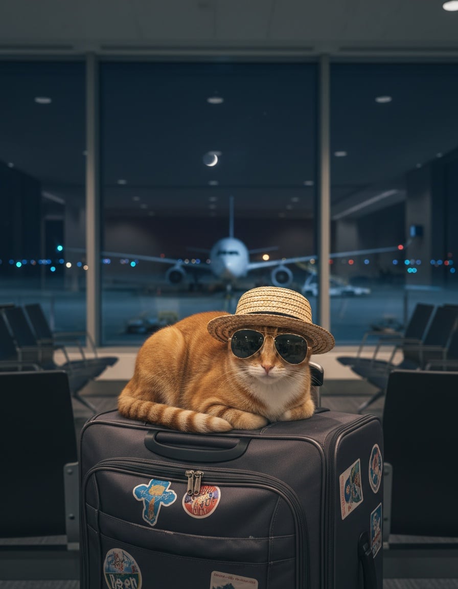 Pixa in a sun hat sits on a packed suitcase at a night-time airport, waiting for tomorrow's flight.